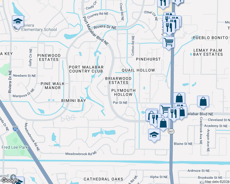 map of restaurants, bars, coffee shops, grocery stores, and more near 941 Briarwood Boulevard Northeast in Palm Bay