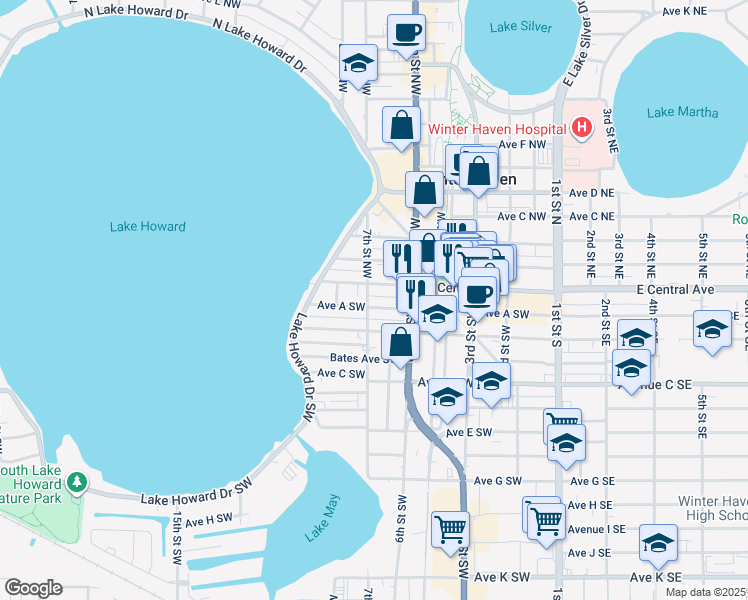 map of restaurants, bars, coffee shops, grocery stores, and more near 659 Avenue A Southwest in Winter Haven