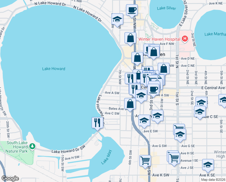 map of restaurants, bars, coffee shops, grocery stores, and more near 728 Avenue A Southwest in Winter Haven