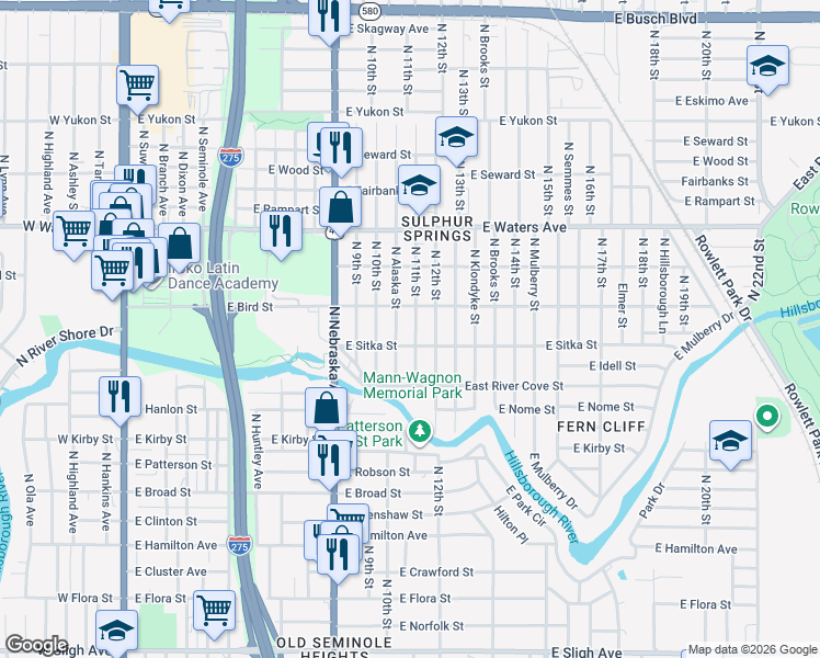 map of restaurants, bars, coffee shops, grocery stores, and more near 8104 North Alaska Street in Tampa