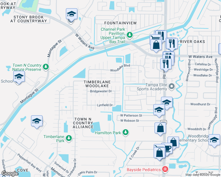 map of restaurants, bars, coffee shops, grocery stores, and more near 9509 Woodborough Court in Tampa