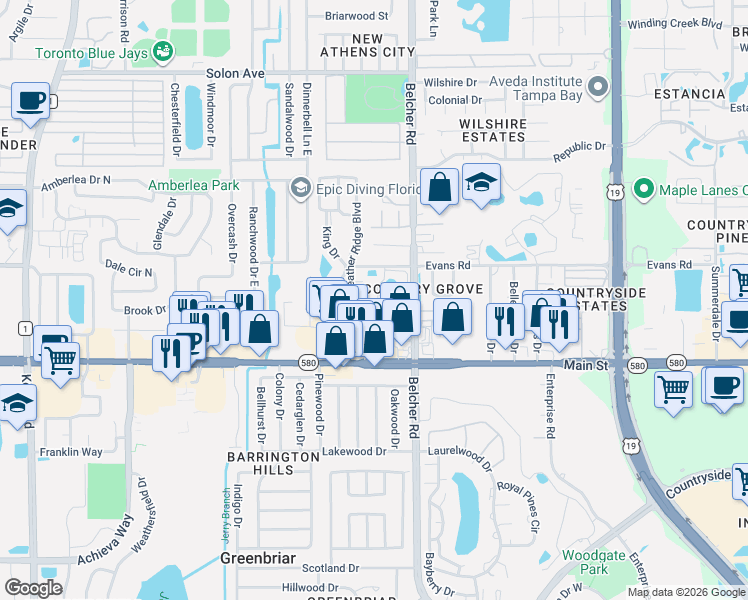 map of restaurants, bars, coffee shops, grocery stores, and more near 1371 Heather Ridge Boulevard in Dunedin