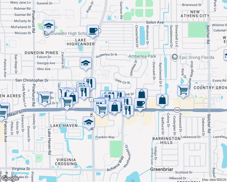 map of restaurants, bars, coffee shops, grocery stores, and more near 1198 Lazy Lake Road East in Dunedin