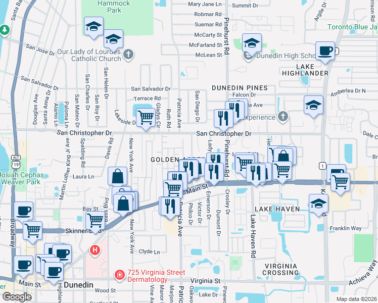 map of restaurants, bars, coffee shops, grocery stores, and more near 1325 Robin Hood Lane in Dunedin