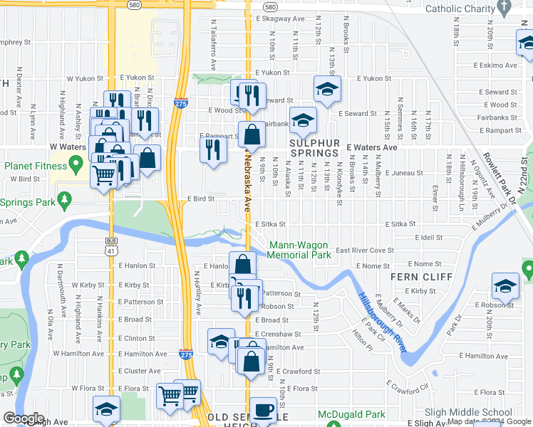 map of restaurants, bars, coffee shops, grocery stores, and more near 8107 North 9th Street in Tampa