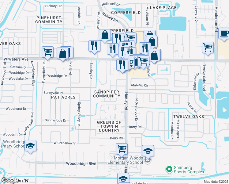 map of restaurants, bars, coffee shops, grocery stores, and more near 7607 Winging Way Drive in Tampa