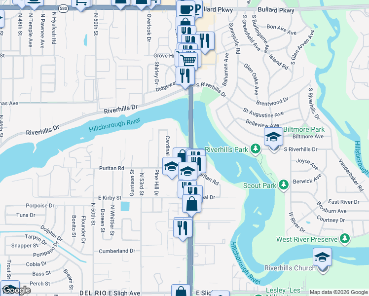 map of restaurants, bars, coffee shops, grocery stores, and more near 8066 North 56th Street in Tampa