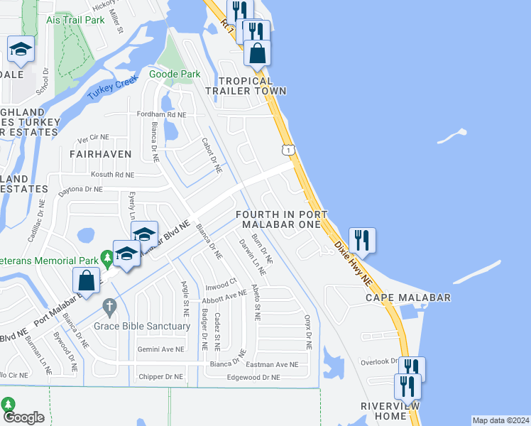 map of restaurants, bars, coffee shops, grocery stores, and more near 1012 Bacon Circle Northeast in Palm Bay