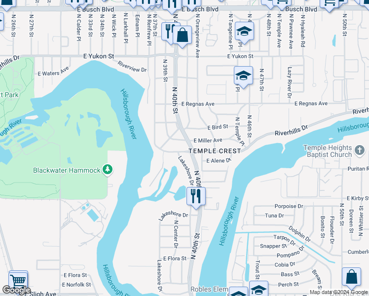 map of restaurants, bars, coffee shops, grocery stores, and more near 3824 Riverhills Drive in Tampa