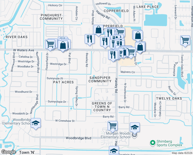 map of restaurants, bars, coffee shops, grocery stores, and more near 7908 Soaring Trail Lane in Tampa