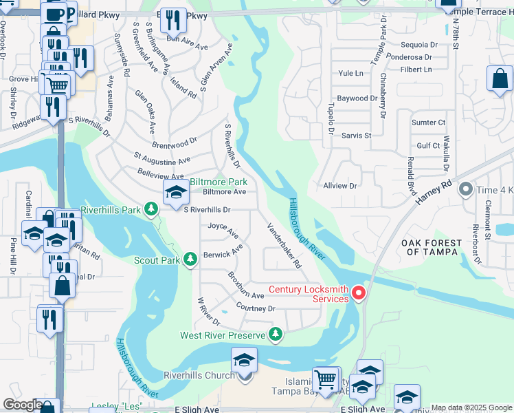 map of restaurants, bars, coffee shops, grocery stores, and more near 441 South Riverhills Drive in Tampa