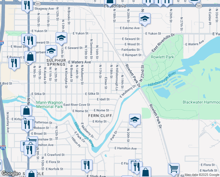 map of restaurants, bars, coffee shops, grocery stores, and more near 8106 North Elmer Street in Tampa
