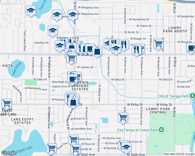 map of restaurants, bars, coffee shops, grocery stores, and more near 8122 North Albany Avenue in Tampa