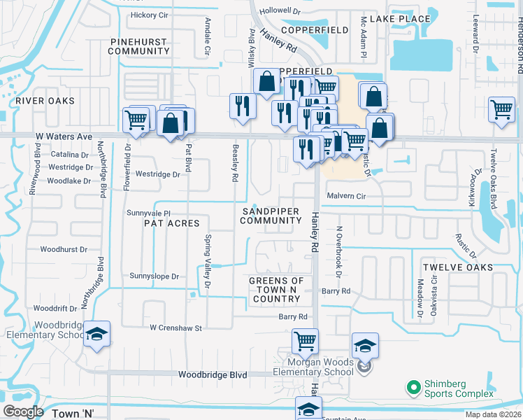 map of restaurants, bars, coffee shops, grocery stores, and more near 7908 Soaring Trail Lane in Tampa