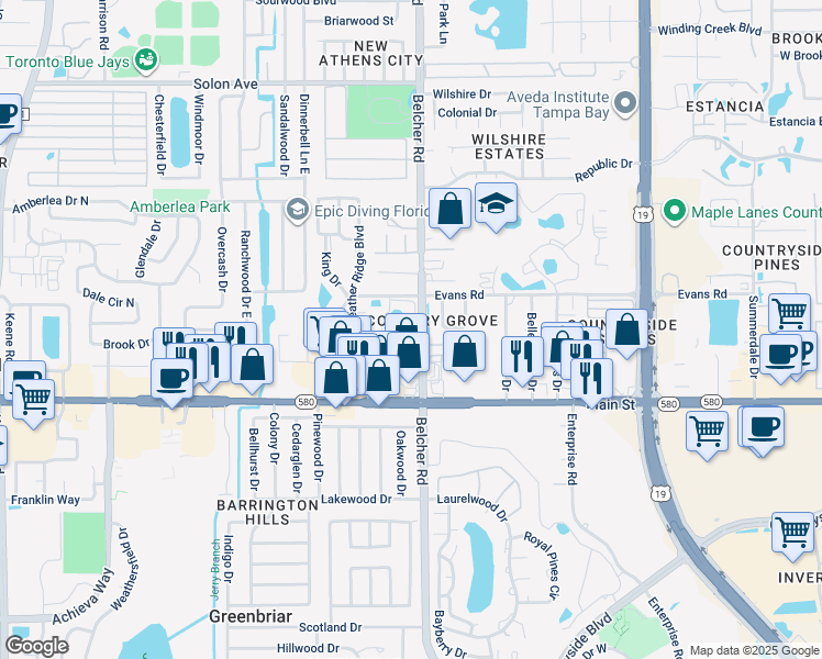 map of restaurants, bars, coffee shops, grocery stores, and more near 2163 Elm Street in Dunedin