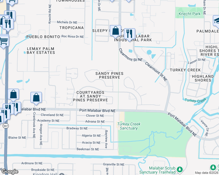 map of restaurants, bars, coffee shops, grocery stores, and more near 2104 Spring Creek Circle in Palm Bay