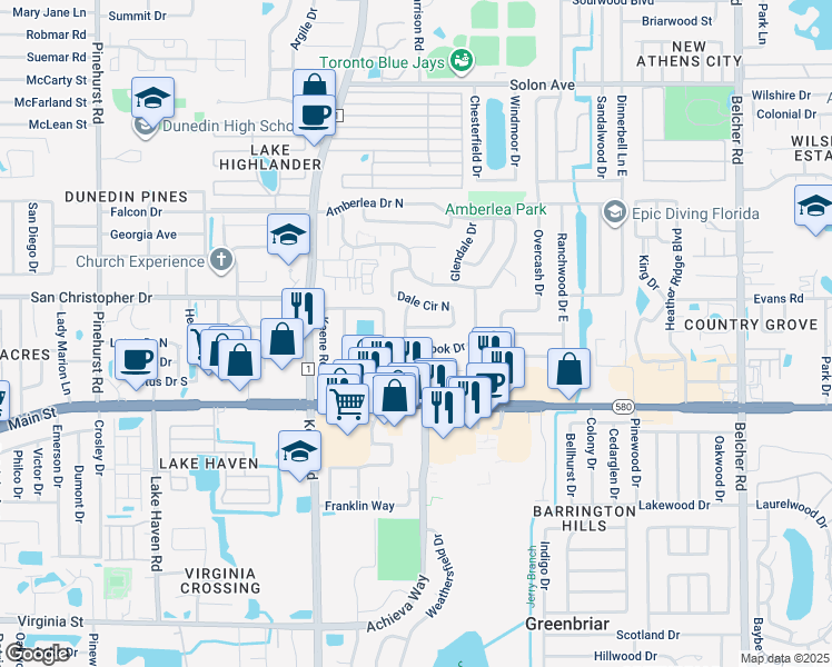 map of restaurants, bars, coffee shops, grocery stores, and more near 1618 Brook Drive in Dunedin