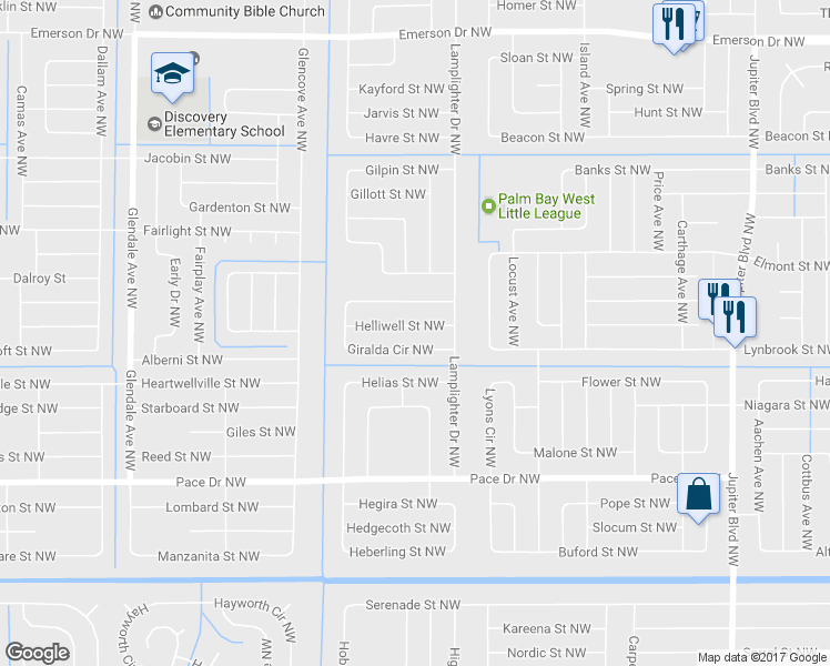 map of restaurants, bars, coffee shops, grocery stores, and more near 1264 Helliwell Street Northwest in Palm Bay