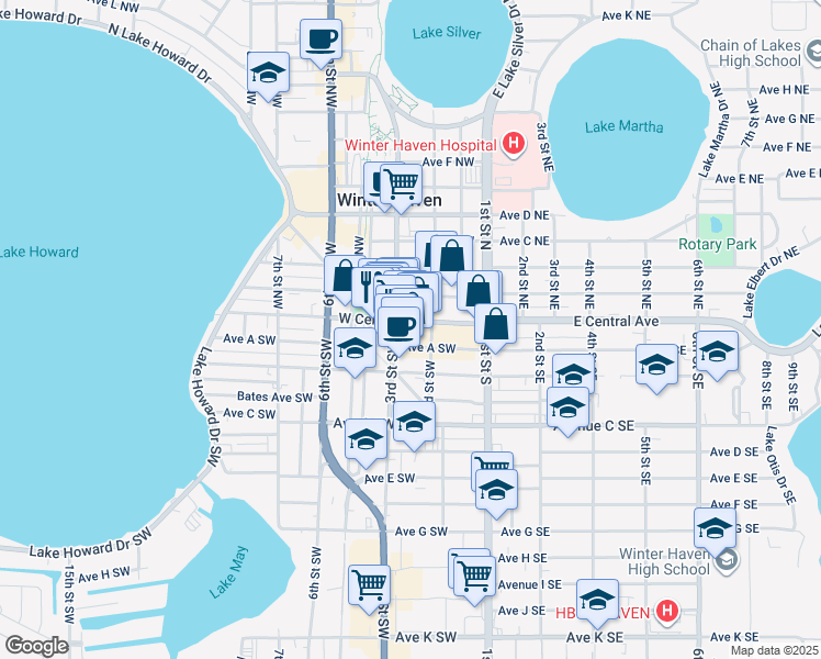 map of restaurants, bars, coffee shops, grocery stores, and more near 98 3rd Street Southwest in Winter Haven