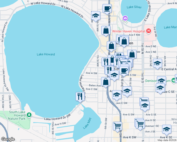 map of restaurants, bars, coffee shops, grocery stores, and more near 728 Avenue A Southwest in Winter Haven