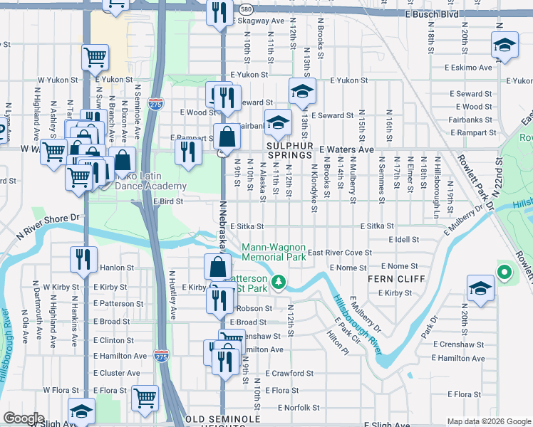 map of restaurants, bars, coffee shops, grocery stores, and more near 8104 North Alaska Street in Tampa