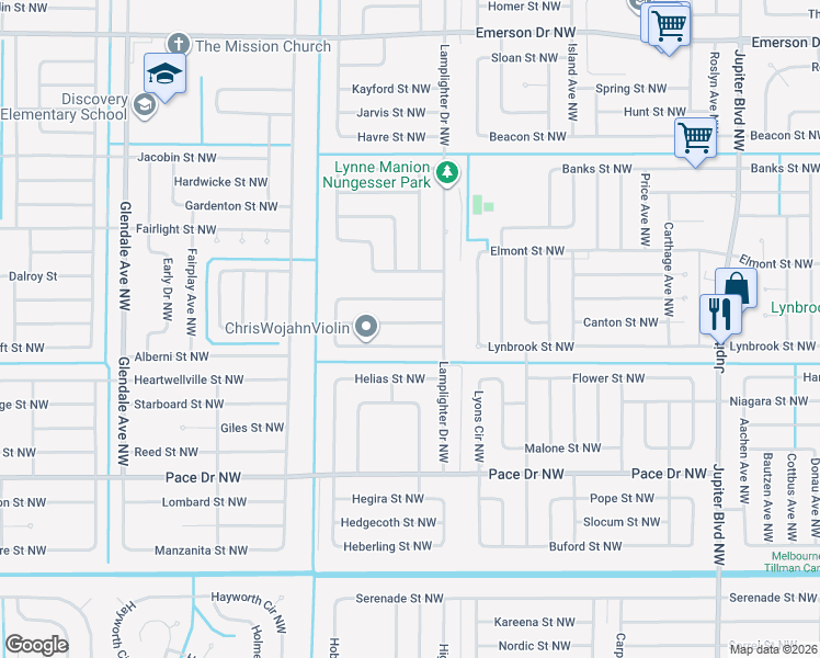 map of restaurants, bars, coffee shops, grocery stores, and more near 1250 Helliwell Street Northwest in Palm Bay