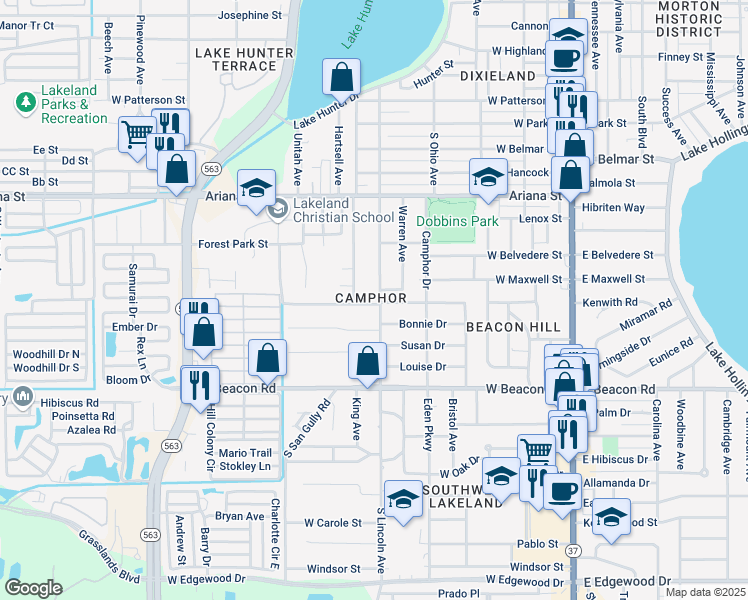 map of restaurants, bars, coffee shops, grocery stores, and more near 1715 South Lincoln Avenue in Lakeland