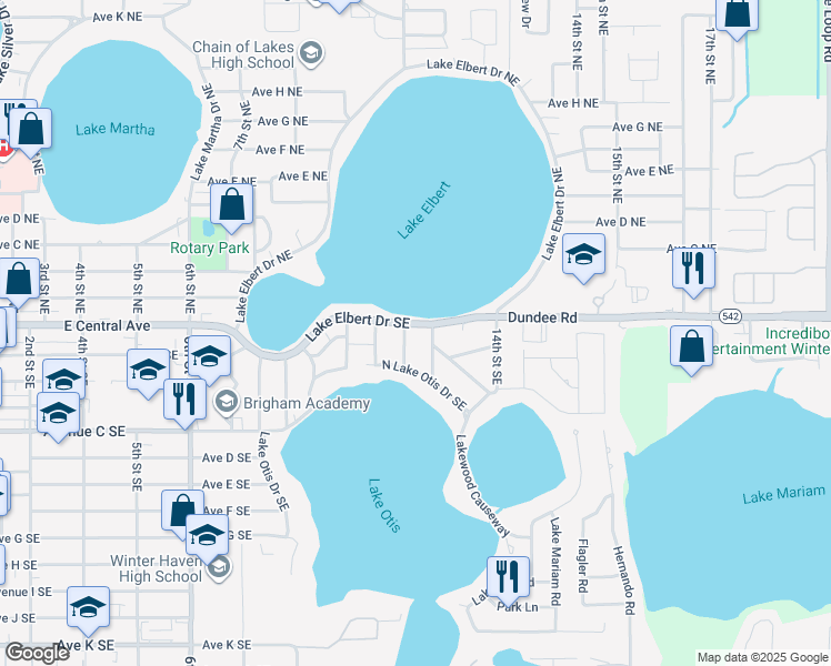 map of restaurants, bars, coffee shops, grocery stores, and more near 105 13th Street Southeast in Winter Haven