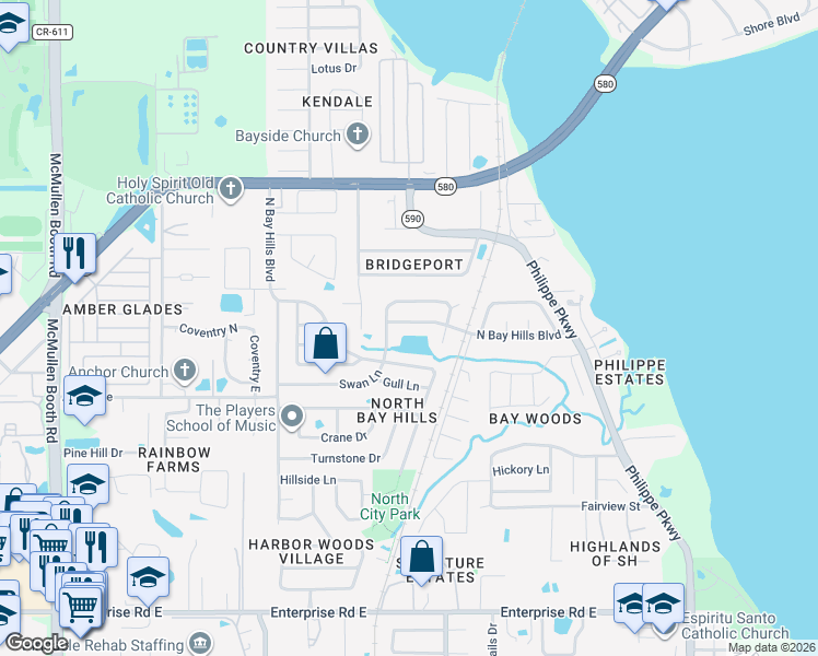 map of restaurants, bars, coffee shops, grocery stores, and more near 213 North Bay Hills Boulevard in Safety Harbor