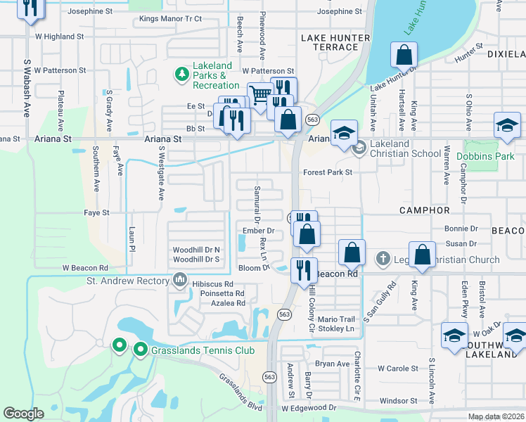 map of restaurants, bars, coffee shops, grocery stores, and more near Pine Wood Ave in Lakeland