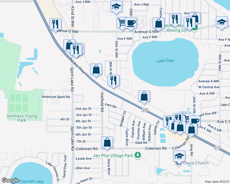 map of restaurants, bars, coffee shops, grocery stores, and more near 3535 Recker Highway in Winter Haven