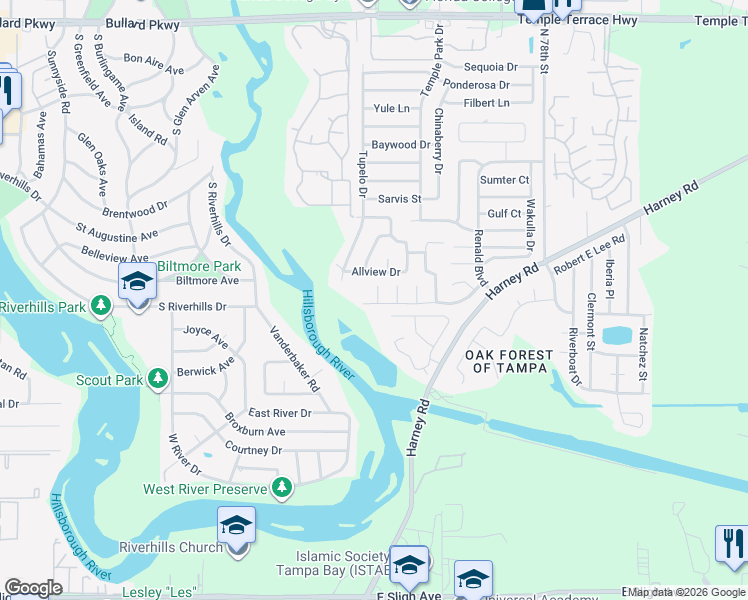 map of restaurants, bars, coffee shops, grocery stores, and more near 7615 Terrace River Drive in Tampa