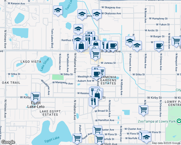 map of restaurants, bars, coffee shops, grocery stores, and more near 2509 Westhigh Avenue in Tampa