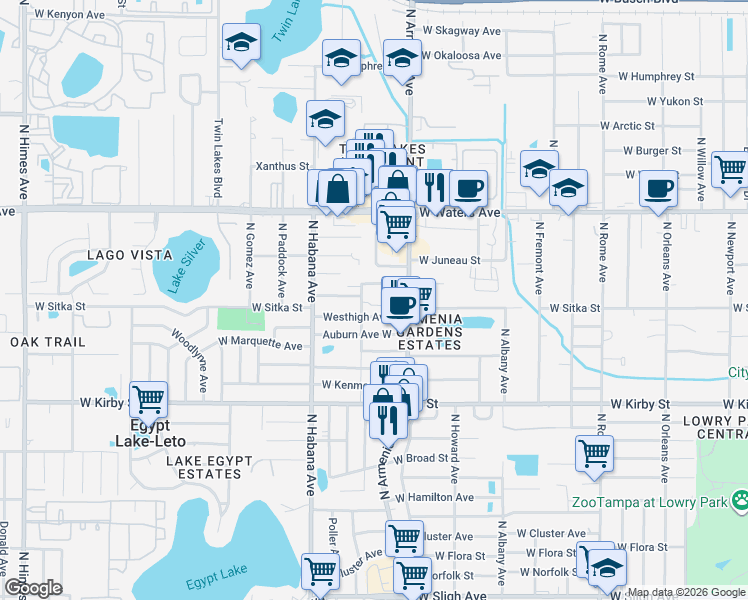 map of restaurants, bars, coffee shops, grocery stores, and more near 2601 Westhigh Avenue in Tampa
