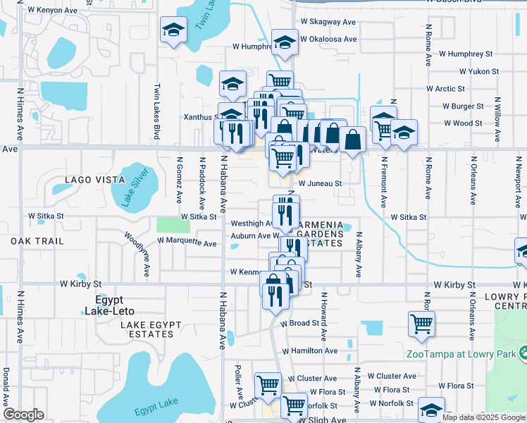map of restaurants, bars, coffee shops, grocery stores, and more near 2601 Westhigh Avenue in Tampa