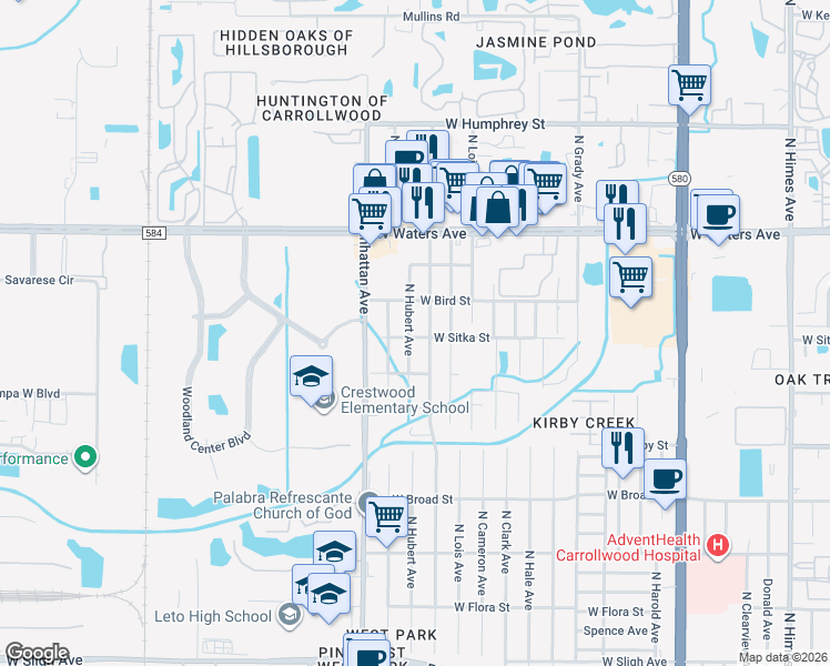 map of restaurants, bars, coffee shops, grocery stores, and more near 8018 North Thatcher Avenue in Tampa