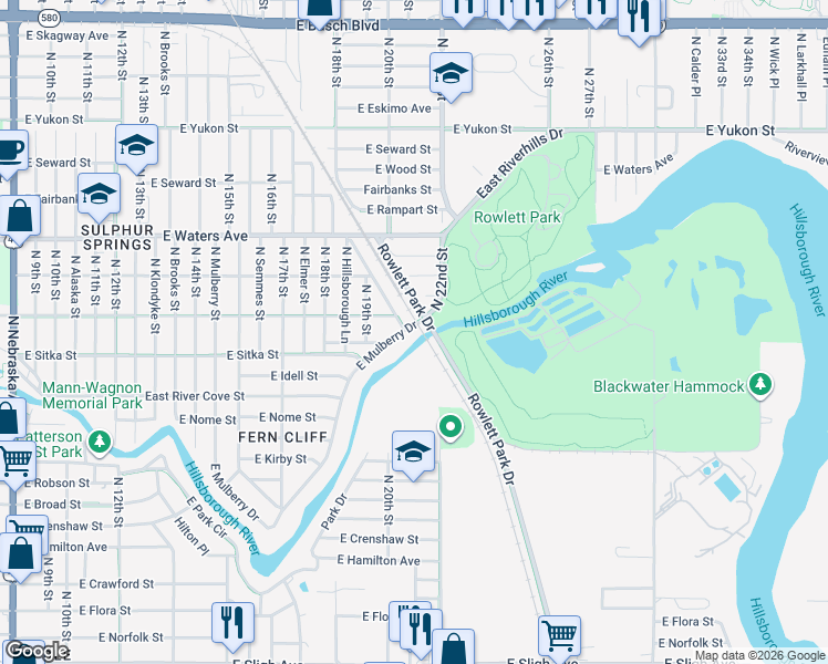 map of restaurants, bars, coffee shops, grocery stores, and more near 2051 East Mulberry Drive in Tampa