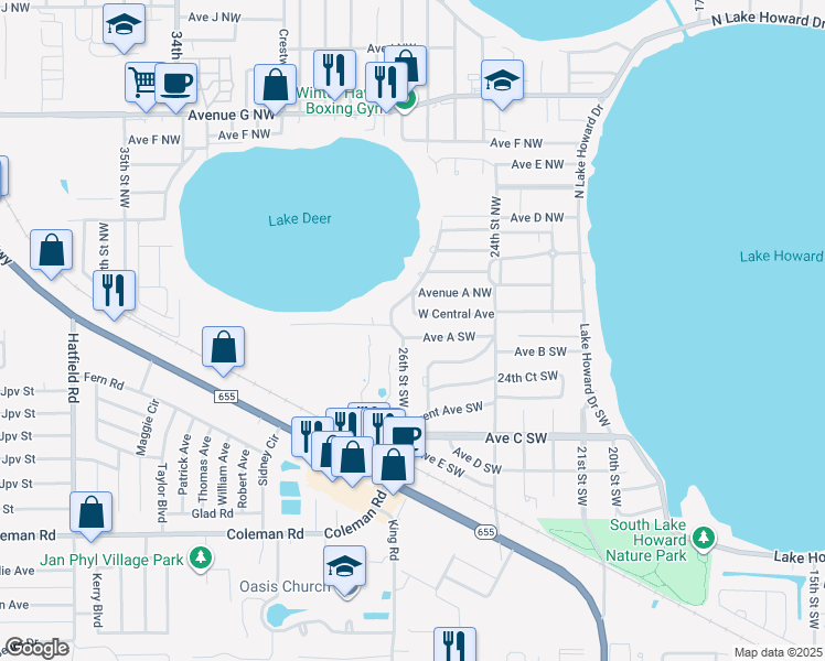 map of restaurants, bars, coffee shops, grocery stores, and more near 2520 Avenue A Southwest in Winter Haven
