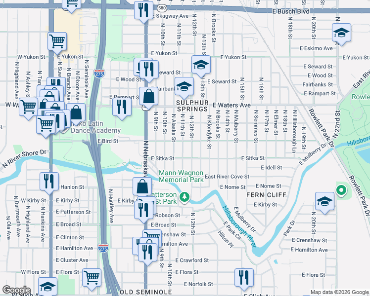 map of restaurants, bars, coffee shops, grocery stores, and more near 8104 North 12th Street in Tampa