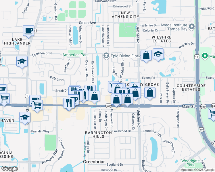 map of restaurants, bars, coffee shops, grocery stores, and more near 1980 Tahitian Place in Dunedin