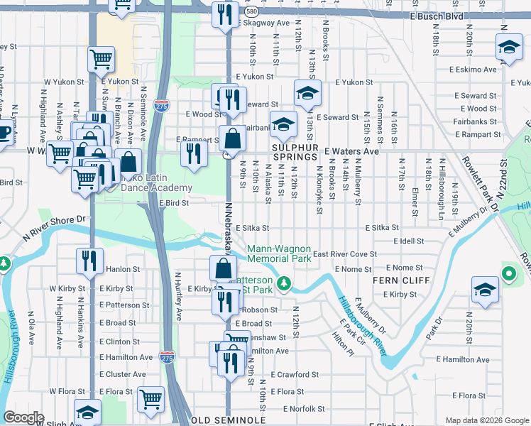 map of restaurants, bars, coffee shops, grocery stores, and more near 8112 North Alaska Street in Tampa