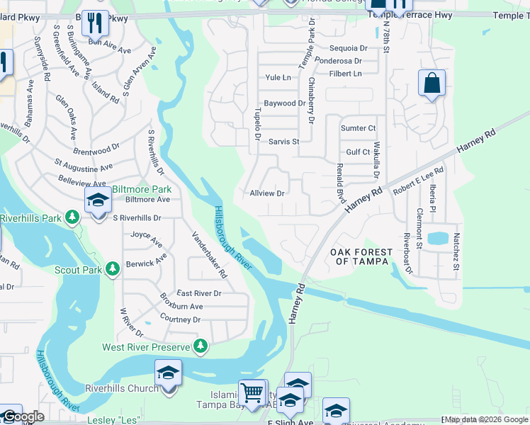 map of restaurants, bars, coffee shops, grocery stores, and more near 7615 Terrace River Drive in Tampa