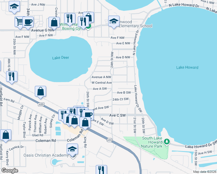 map of restaurants, bars, coffee shops, grocery stores, and more near 2445 Avenue A Southwest in Winter Haven