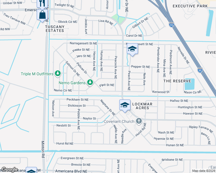 map of restaurants, bars, coffee shops, grocery stores, and more near 417 Hyder Street Northeast in Palm Bay