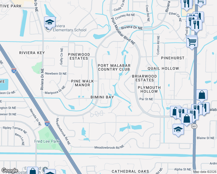 map of restaurants, bars, coffee shops, grocery stores, and more near 1092 Eleuthera Drive Northeast in Palm Bay
