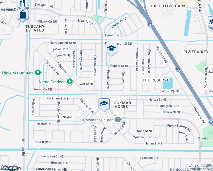map of restaurants, bars, coffee shops, grocery stores, and more near 914 Peach Avenue Northeast in Palm Bay