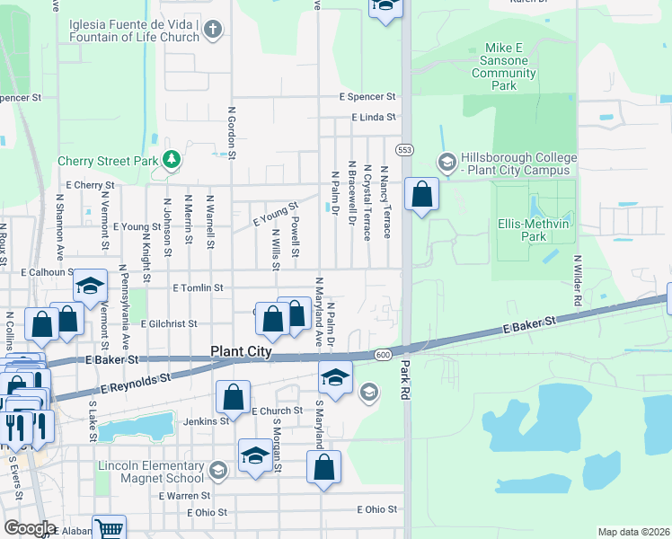 map of restaurants, bars, coffee shops, grocery stores, and more near 1699 East Calhoun Street in Plant City