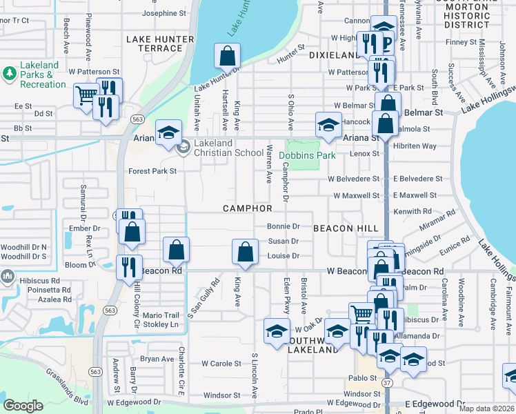 map of restaurants, bars, coffee shops, grocery stores, and more near 710 West Shady Lane in Lakeland