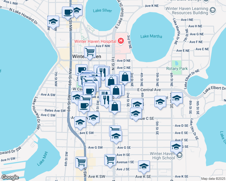 map of restaurants, bars, coffee shops, grocery stores, and more near Florida 542 in Winter Haven