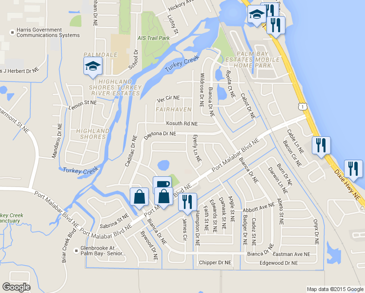 map of restaurants, bars, coffee shops, grocery stores, and more near 2872 Floresta Drive Northeast in Palm Bay